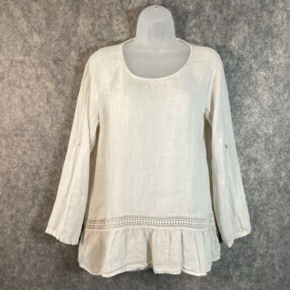 Terzo 100% Linen Roll Tab Sleeve Made In Italy Cotton Top Size M - Picture 1 of 13